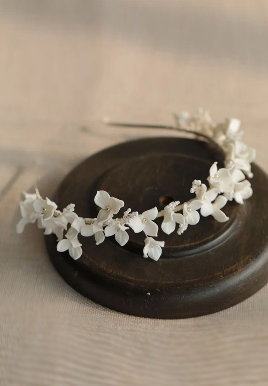 Diadème Mariage - Fleurs Blanches Porcelaine