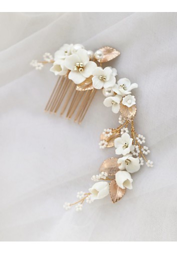 Peigne Cheveux Mariage - Fleurs Blanches et Feuilles Or - Le Printemps