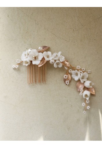 Peigne Cheveux Mariage - Fleurs Blanches et Feuilles Or - Le Printemps
