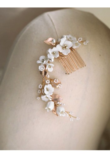 Peigne Cheveux Mariage - Fleurs Blanches et Feuilles Or - Le Printemps