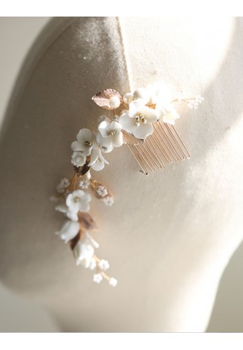 Peigne Cheveux Mariage - Fleurs Blanches et Feuilles Or - Le Printemps