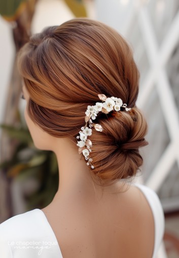 Peigne Cheveux Mariage - Fleurs Blanches et Feuilles Or - Le Printem