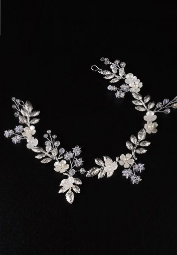Diadème mariage fleurs, feuilles et perles - Elisa