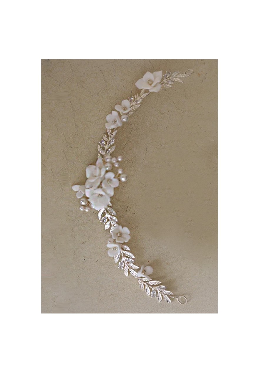 Peigne Chignon de Mariage Fleurs Porcelaine et Perles - Aura