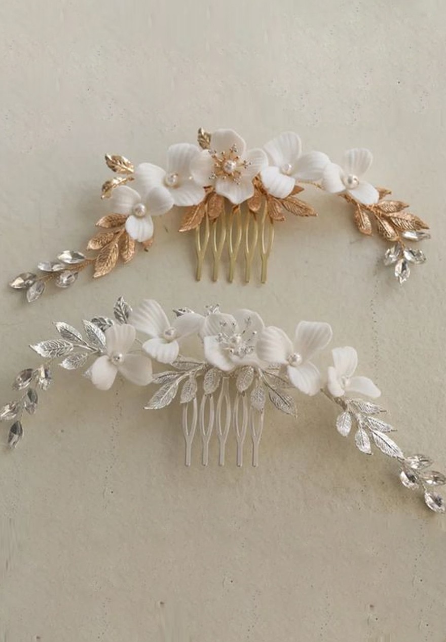 Peigne Cheveux Mariage Fleurs Porcelaine et Strass - Vespera