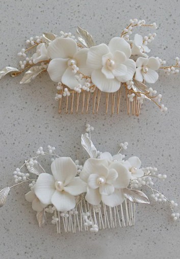 Peigne Cheveux Mariage Porcelaine - Fleurs Blanches - Yson