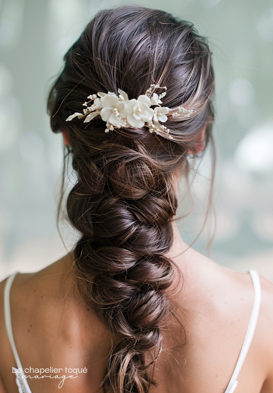 Peigne Cheveux Mariage Porcelaine - Fleurs Blanches - Yson