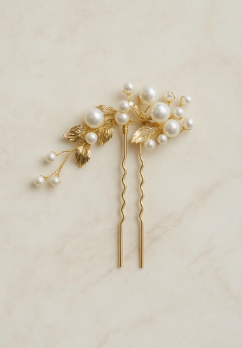 Pic à chignon perles & feuilles dorées – Lysandra