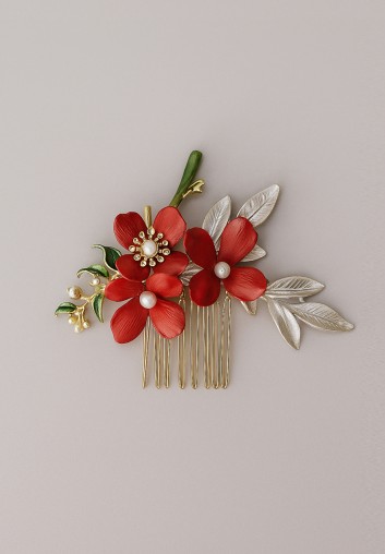 Peigne fleuri rouge peint à la main – Amarante