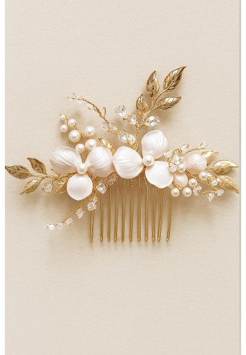 Peigne fleuri de mariage doré & fleurs blanches – Althéa