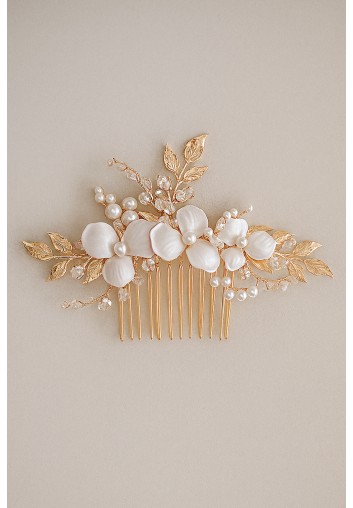 Peigne fleuri de mariage doré & fleurs blanches – Althéa