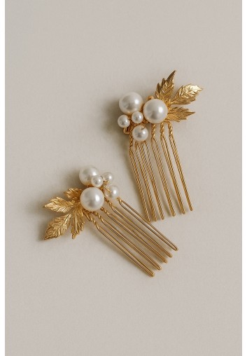 Duo de petits peignes de mariage dorés & perles – Auriane