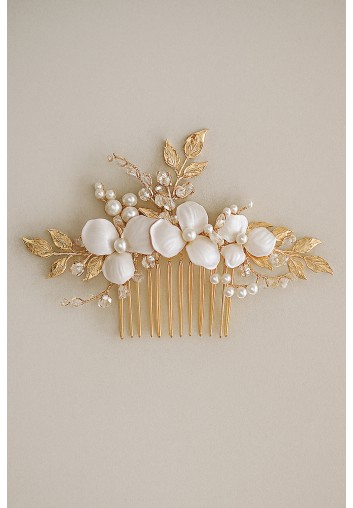 Peigne fleuri de mariage doré & fleurs blanches – Althéa