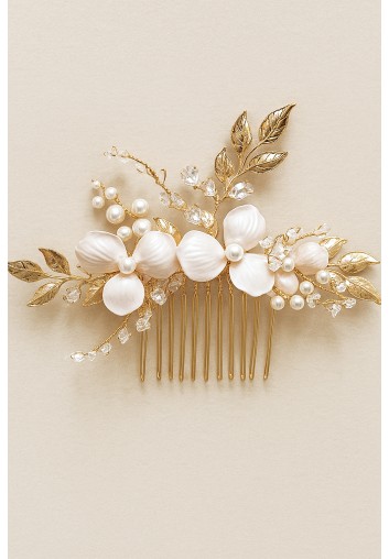 Peigne fleuri de mariage doré & fleurs blanches – Althéa