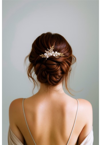Peigne fleuri de mariage doré & fleurs blanches – Althéa