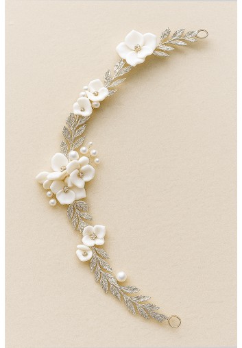 Peigne Chignon Mariage Fleurs Porcelaine et Perles - Aura