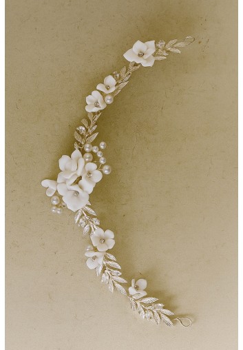 Peigne Chignon Mariage Fleurs Porcelaine et Perles - Aura
