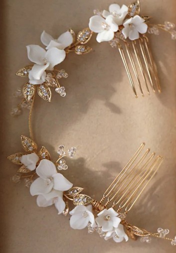 Peigne Cheveux de Mariage Fleurs en Porcelaines et Feuilles - Ysée