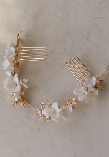 Peigne Cheveux de Mariage Fleurs en Porcelaines et Feuilles - Ysée