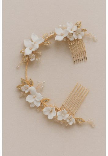 Double Peigne Cheveux de Mariage Fleurs en Porcelaines et Feuilles - Ysée