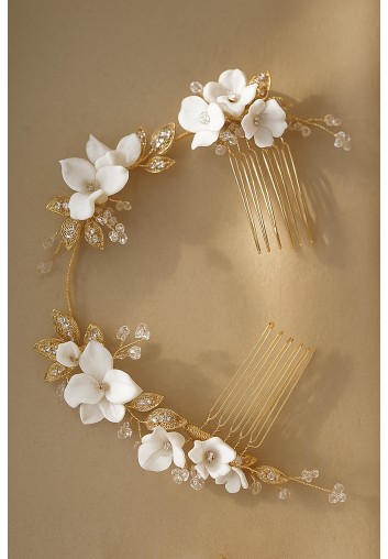 Double Peigne Cheveux de Mariage Fleurs en Porcelaines et Feuilles - Ysée