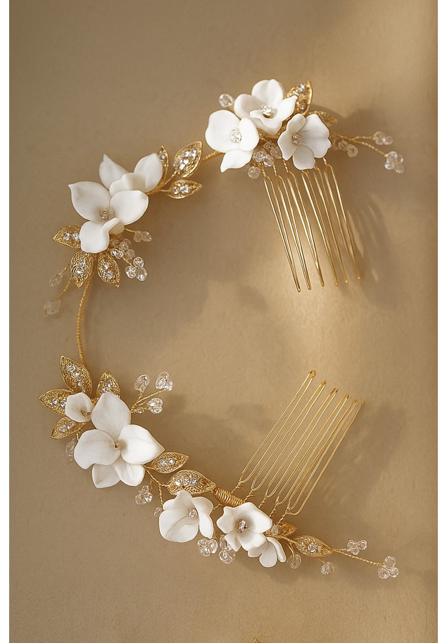 Double Peigne Cheveux de Mariage Fleurs en Porcelaines et Feuilles - Ysée Double Peigne Cheveux de Mariage Fleurs en Porcelaines et Feuilles - Ysée