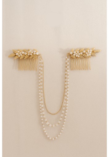 Double peigne feuilles perles et chainettes – Eliwenn
