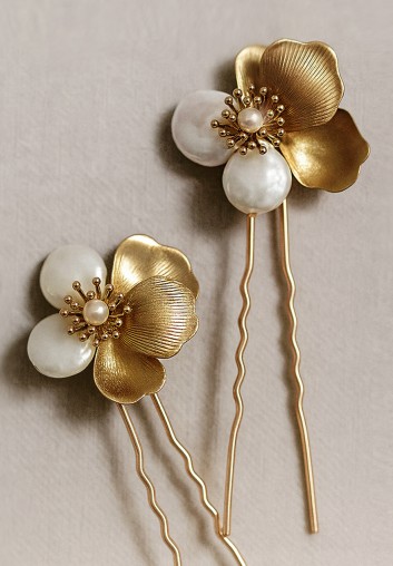 Duo de pics cheveux mariage éclat doré et perles nacrées - Soléna