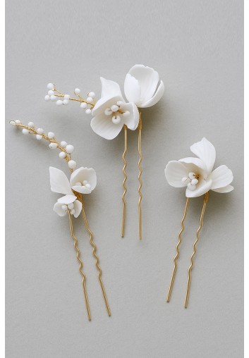 Trio de pics à chignon mariage porcelaine froide floral épuré - Aurore