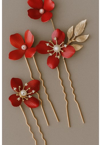 Set de trois Pics à Chignon mariage fleurs rouge peintes - Carmine