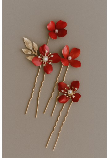 Set de trois Pics à Chignon mariage fleurs rouge peintes - Carmine