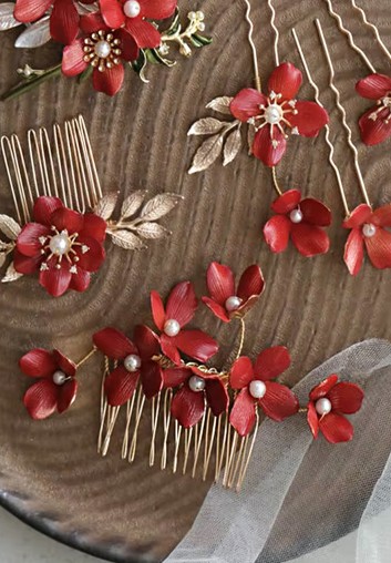 Set de trois Pics à Chignon mariage fleurs rouge peintes - Carmine