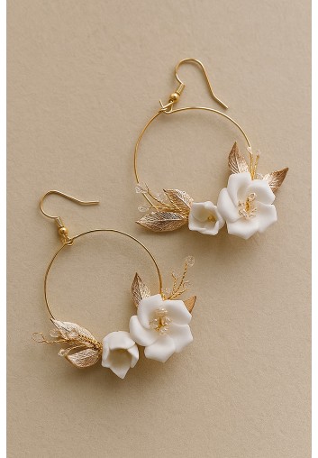 Boucles d’oreilles porcelaine blanche & feuilles dorées – Soléane