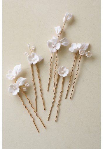 Ensemble de 5 Pics à Chignon Mariage Fleurs Blanches Céramiques - Les Embellis