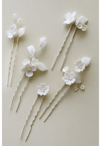 Ensemble de 5 Pics à Chignon Mariage Fleurs Blanches Céramiques - Les Embellis