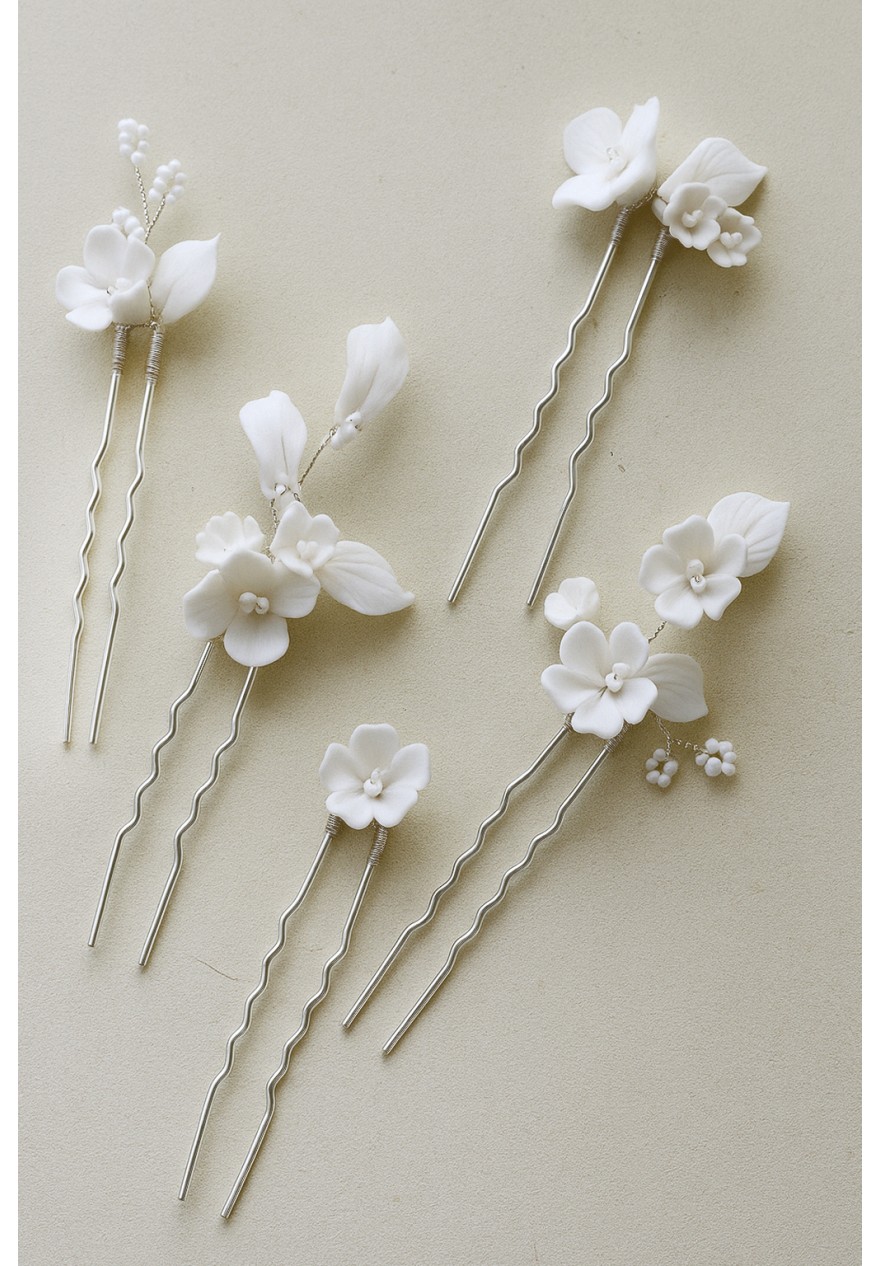 Ensemble de 5 Pics à Chignon Mariage Fleurs Blanches Céramiques - Les Embellis