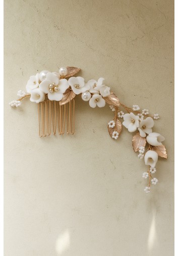 Peigne Cheveux Mariage - Fleurs Blanches et Feuilles Or - Le Printemps