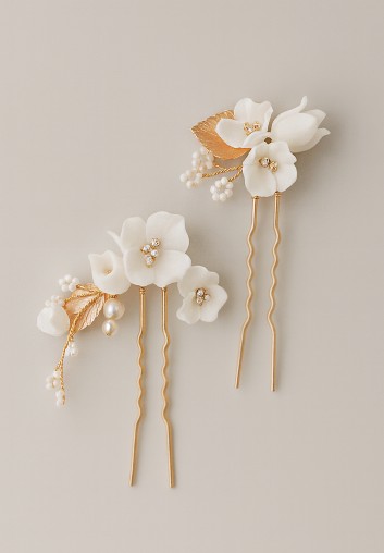 pics à chignon mariage ceramique porcelaine fleurs blanches