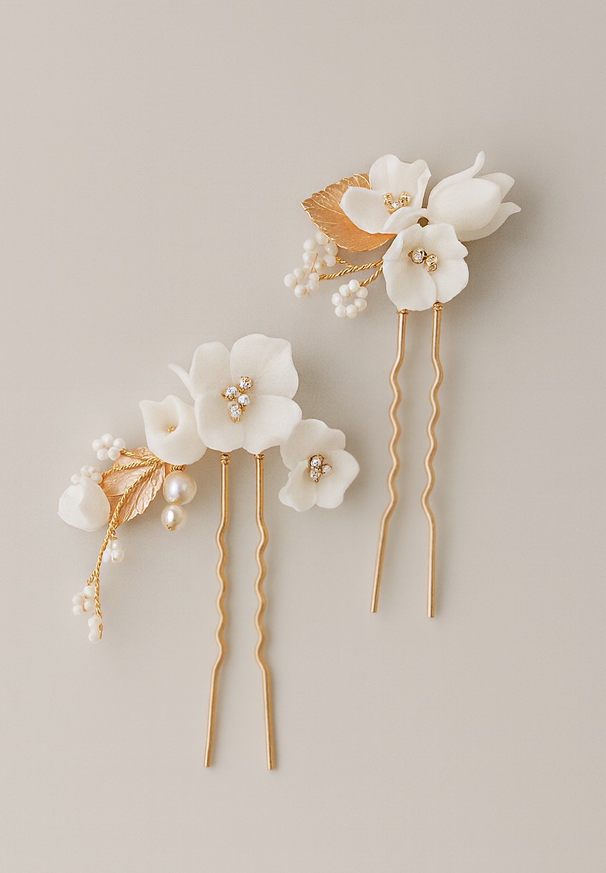 pics à chignon mariage ceramique porcelaine fleurs blanches