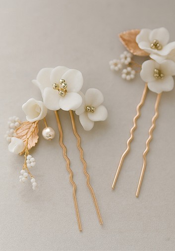 pics à chignon mariage ceramique porcelaine fleurs blanches