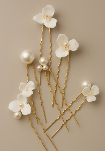 Pics à Cheveux Fleurs Porcelaine et Perles - Romane