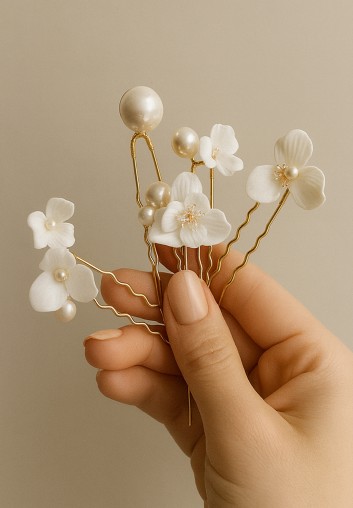 Pics à Cheveux Fleurs Porcelaine et Perles - Romane
