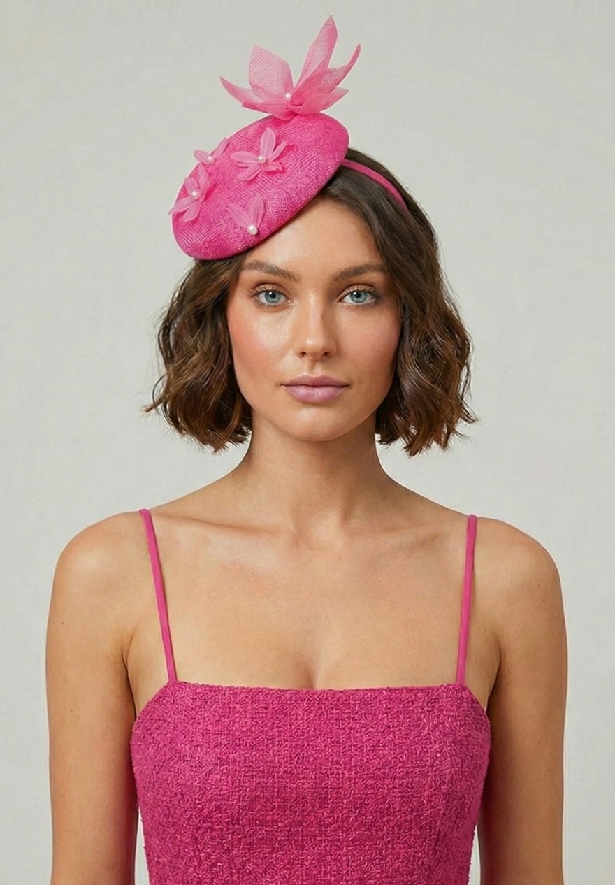 Chapeau Fascinator Rose Fuchsia pour Mariage : Bibi Chic avec Fleurs et Perles - Lise