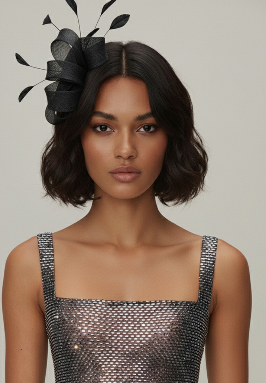 Chapeau de Mariage Fascinateur Noir et Plumes - Charlotte