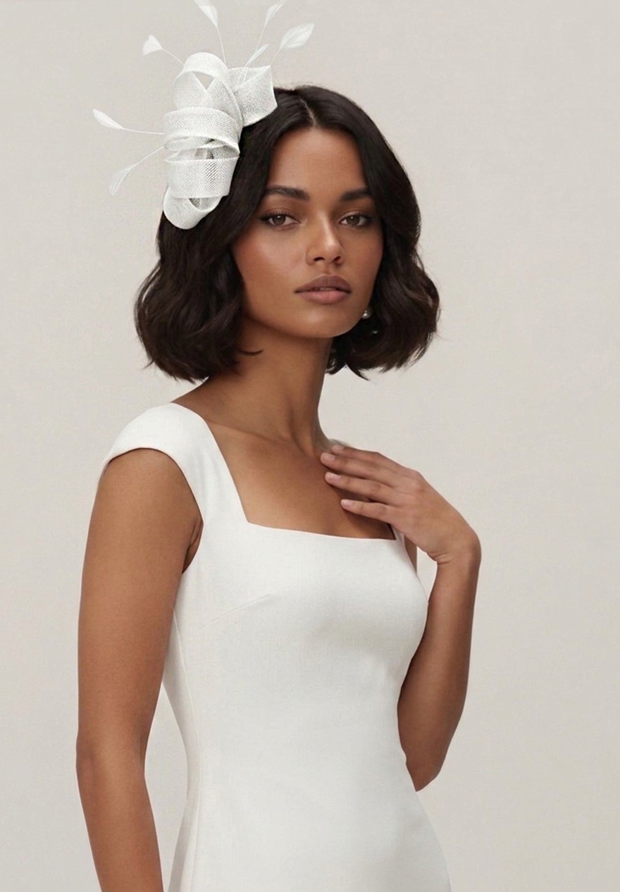 Chapeau de Mariage Fascinateur Mariée Blanc et Plumes - Charlotte