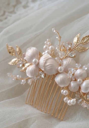 Peigne fleuri de mariage doré & fleurs blanches