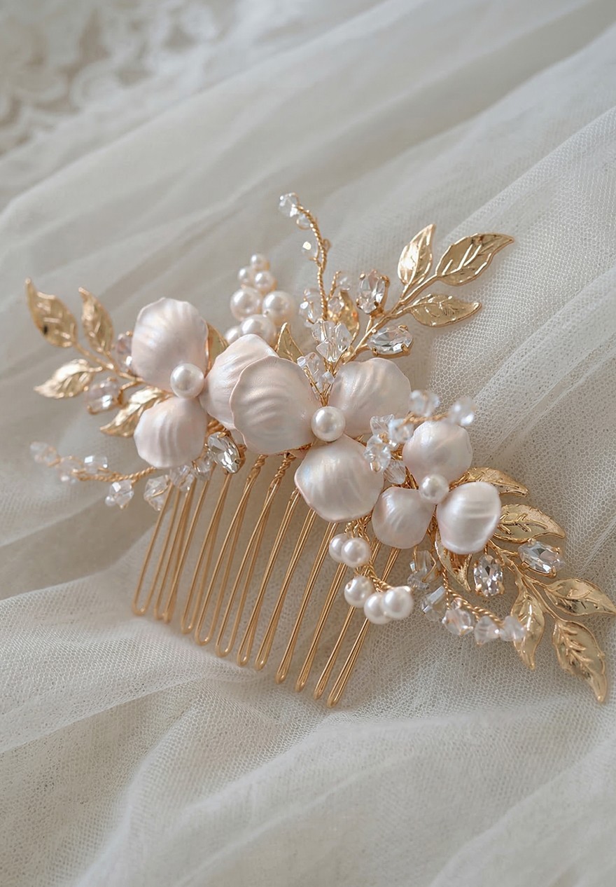 Peigne fleuri de mariage doré & fleurs blanches