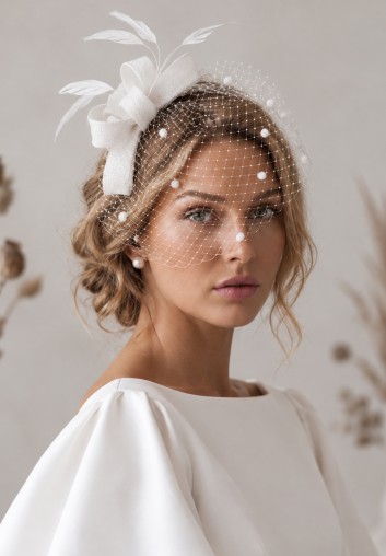 Bibi de mariée blanc à voilette plumetis et nœud sculptural - Nella