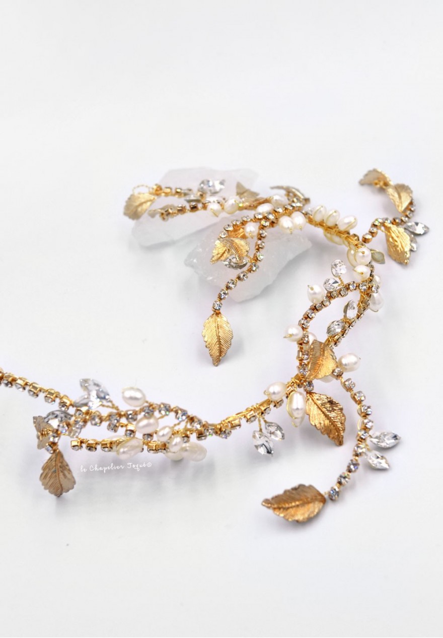 Couronne de Mariée or à feuilles et strass Couronne de Mariée or à feuilles et strass
