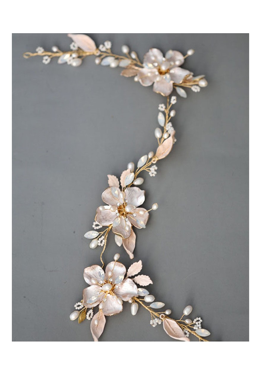 Serre-tête Fille Perles Et Ruban Doré - Couronne De Fleurs Pour Communion, Mariage, Baptême - Accessoire Cheveux Réglable - 3